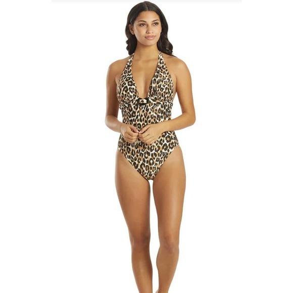 Kate Spade Women's Leopard Heart Buckle Halter One Piece Swimsuit animal print - Picture 4 of 13